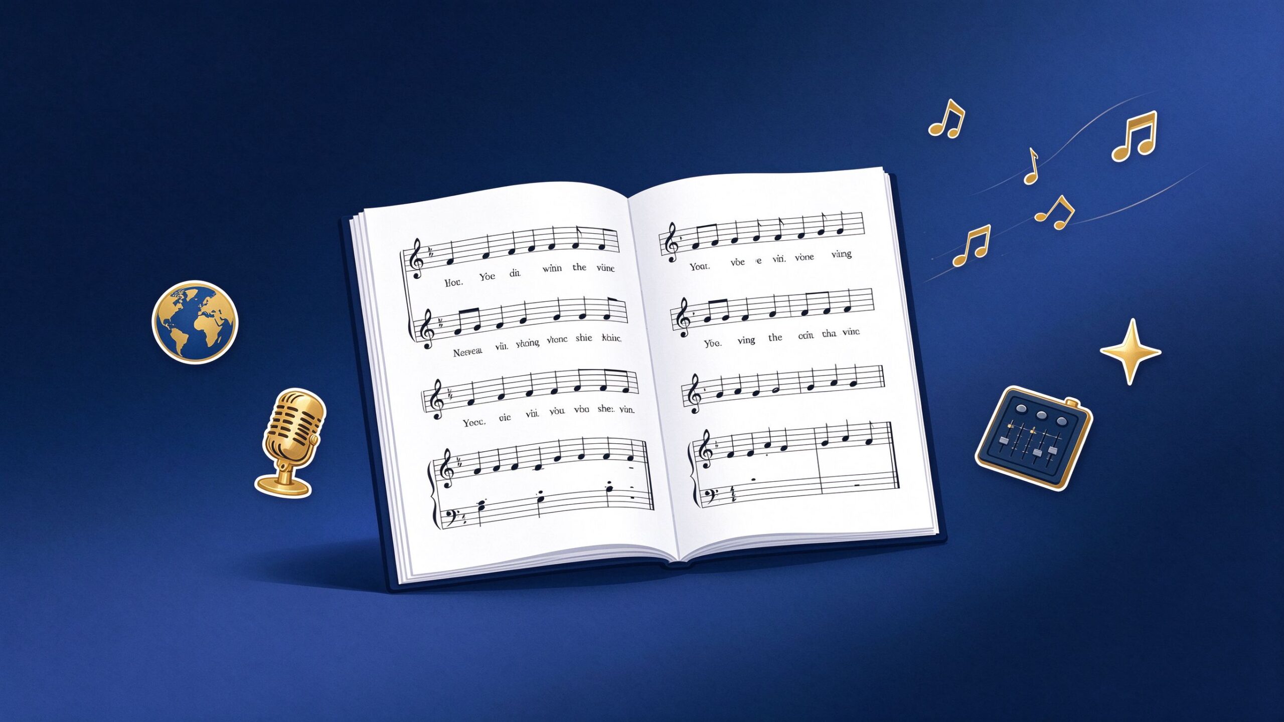 Flat illustration of an open lyric book surrounded by music icons on a deep navy background