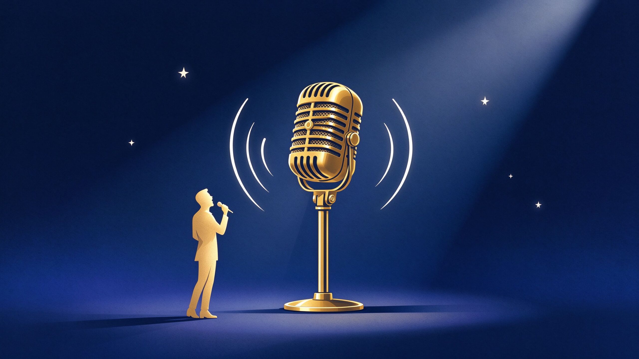 Flat illustration of a vintage microphone with sound waves and a singer silhouette on a deep navy background