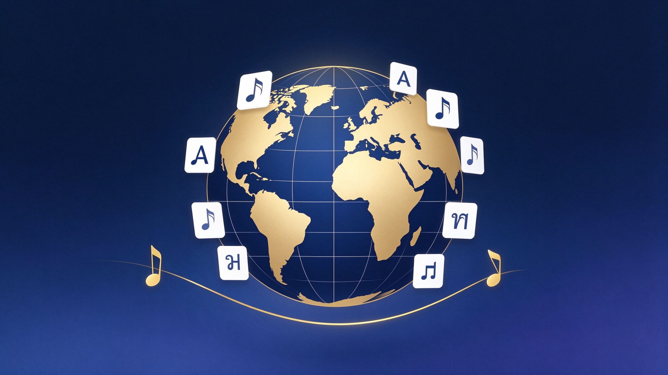 Flat illustration of a golden globe surrounded by floating language cards on a deep navy background