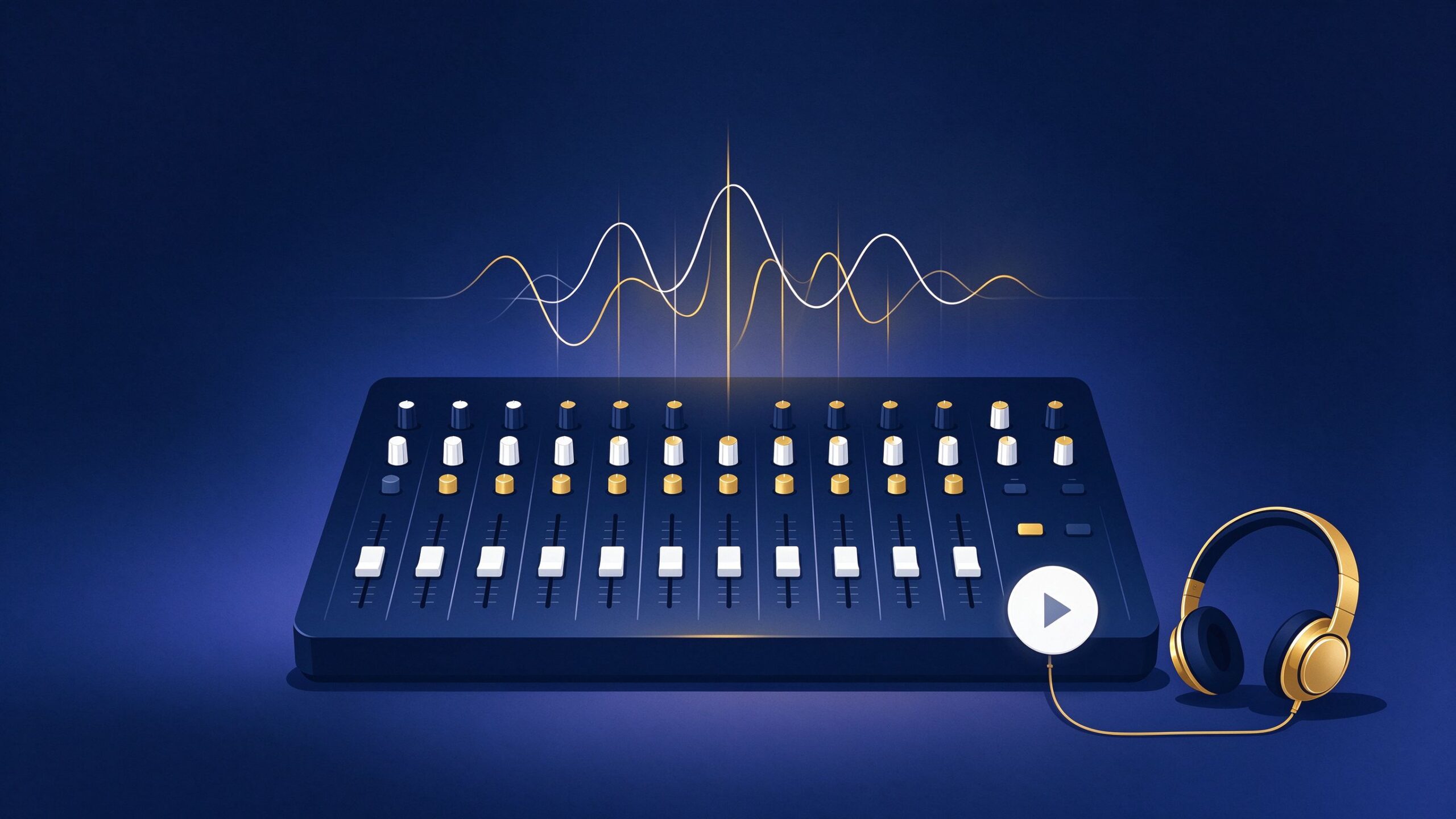 Flat illustration of a mixing console with waveforms and headphones on a deep navy background