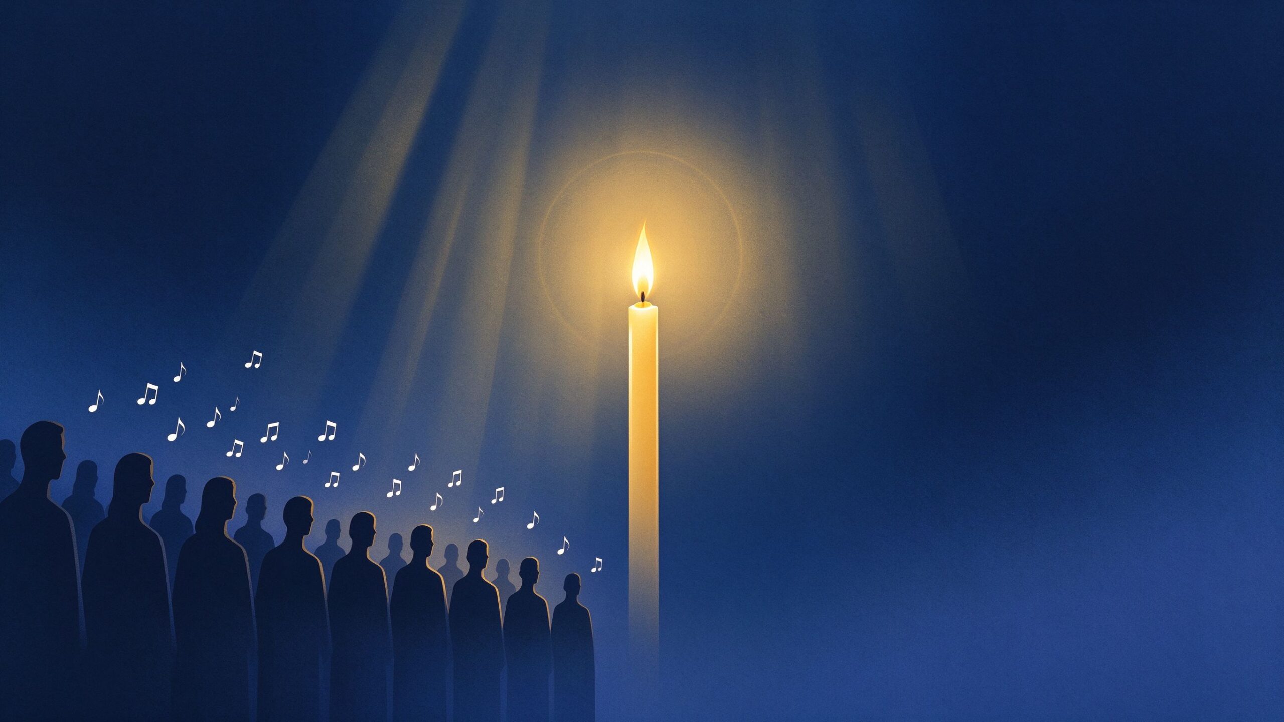 Flat illustration of a candle with a choir silhouette and golden light on a deep navy background