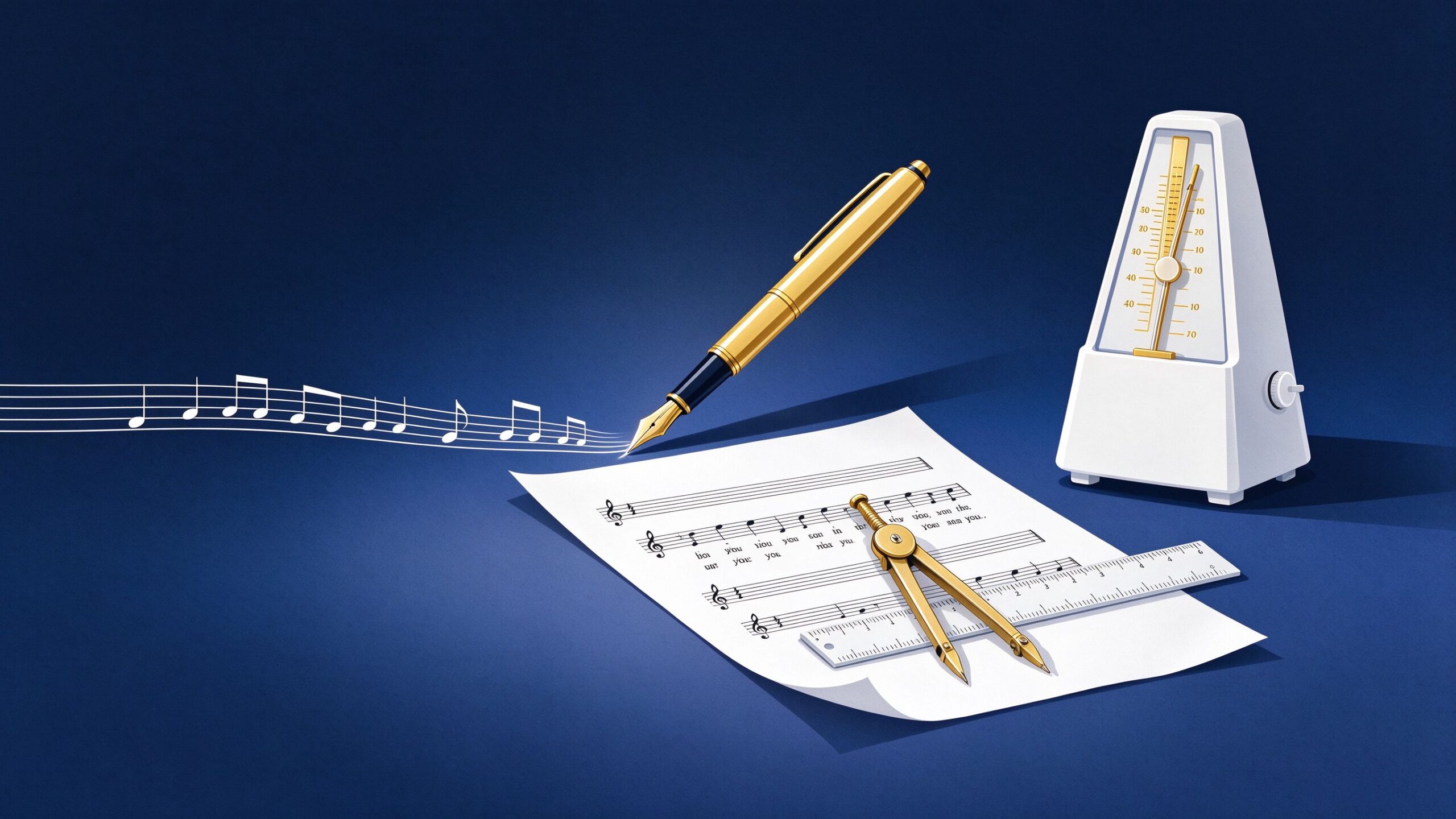 Flat illustration of a pen, metronome and lyric paper on a deep navy background